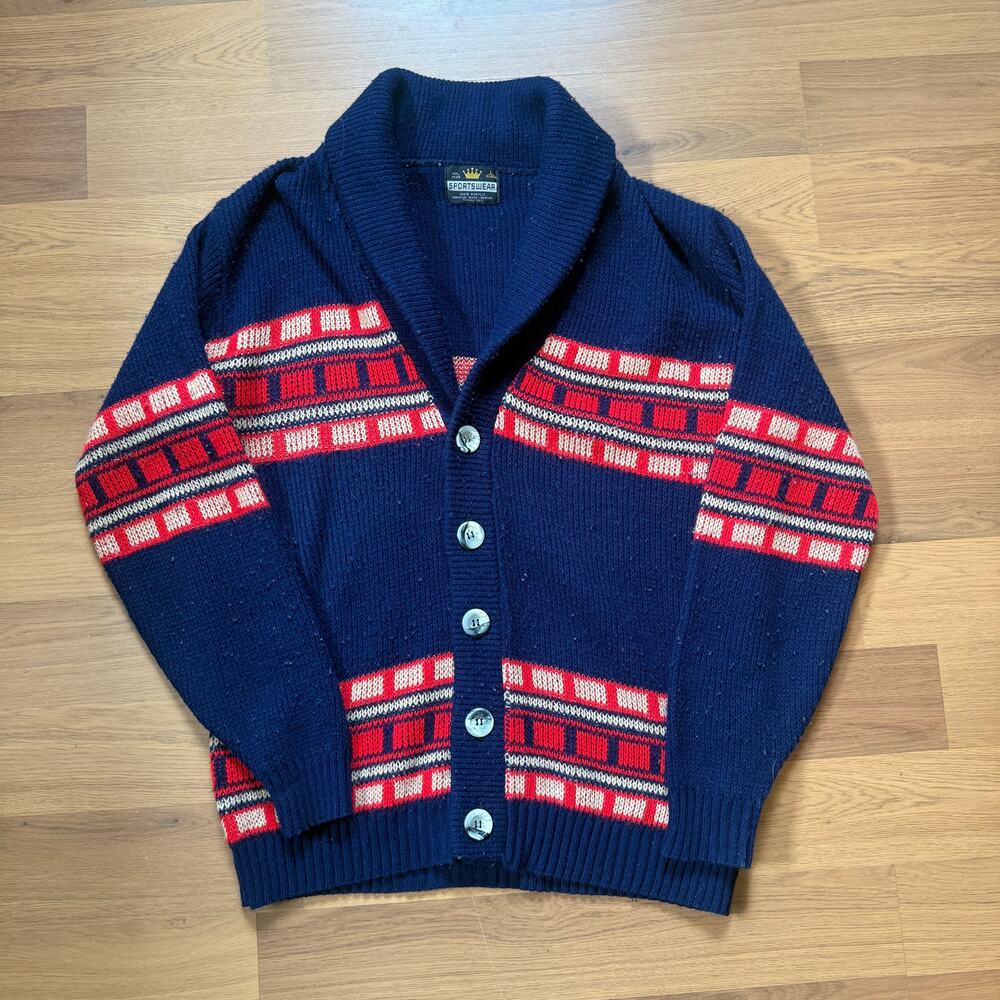 Men's Vintage 80's Sportswear Blue Red Knit Cardigan Shawl Sweater Sz Large VTG